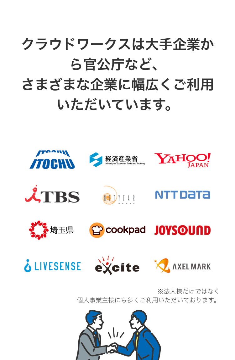 クラウドワークスは大手企業から官公庁など、
さまざまな企業に幅広くご利用いただいています。