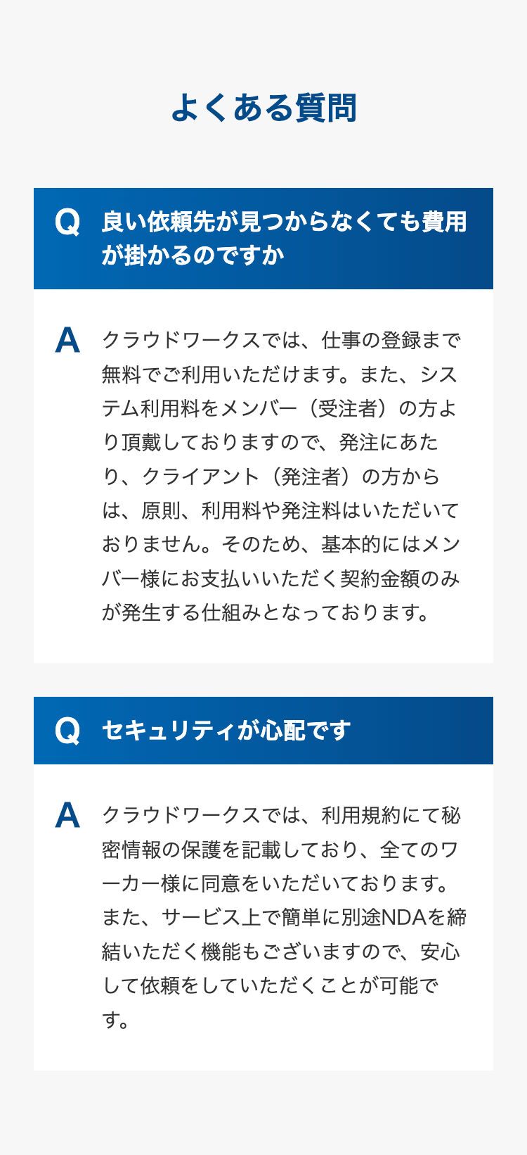 よくある質問
Q 良い依頼先が見つからなくても費用
が掛かるのですか
A クラウドワークスでは、仕事の登録まで
無料でご利用いただけます。 また、 シス
テム利用料をメンバー (受注者)の方よ
り頂戴しておりますので、発注にあた
り、クライアント ( 発注者)の方から
は、原則、利用料や発注料はいただいて
おりません。 そのため、基本的にはメン
バー様にお支払いいただく契約金額のみ
が発生する仕組みとなっております。
Q セキュリティが心配です
A クラウドワークスでは、利用規約にて秘
密情報の保護を記載しており、 全てのワ
ーカー様に同意をいただいております。
また、サービス上で簡単に別途NDAを締
結いただく機能もございますので、安心
して依頼をしていただくことが可能で
す。