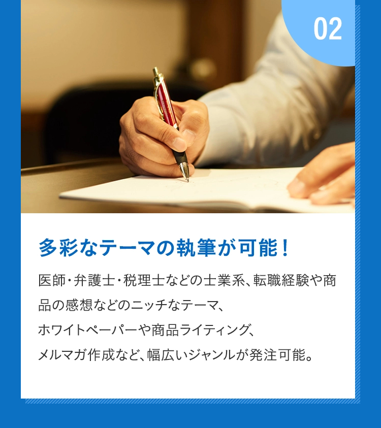 02 多彩なテーマの執筆が可能！ 医師・弁護士・税理士などの士業系、転職経験や商品の感想などのニッチなテーマ、ホワイトペーパーや商品ライティング、メルマガ作成など、幅広いジャンルが発注可能。