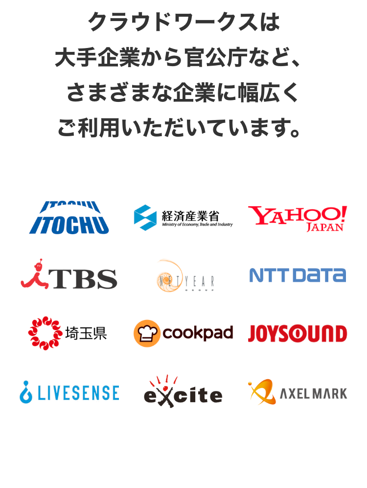 クラウドワークスは
大手企業から官公庁など、
さまざまな企業に幅広く
ご利用いただいています。