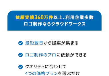 依頼実績360万件以上、 利用企業多数
ロゴ制作ならクラウドワークス
最短翌日から提案が集まる
ロゴ制作のプロに依頼ができる
クオリティに合わせて
4つの価格プランを選ぶだけ
コンペ形式の提案可能、
費用は採用した作品のみで安心
発注から納品までのフローが簡単