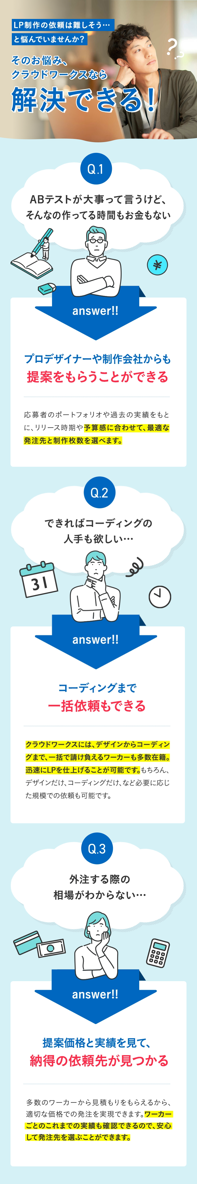 LP制作の依頼は難しそう…と悩んでいませんか？そのお悩み、クラウドワークスなら解決できる！
Q.1 ABテストが大事って言うけど、そんなの作ってる時間もお金もない answer！！ プロデザイナーや制作会社からも提案をもらうことができる 応募者のポートフォリオや過去の実績をもとに、リリース時期や予算感に合わせて、最適な発注先と制作枚数を選べます。
Q.2 できればコーディングの人手も欲しい… answer！！ コーディングまで一括依頼もできる クラウドワークスには、デザインからコーディングまで、一括で請け負えるワーカーも多数在籍。迅速にLPを仕上げることが可能です。もちろん、デザインだけ、コーディングだけ、など必要に応じた規模での依頼も可能です。
Q.3 外注する際の相場がわからない… answer！！ 提案価格と実績を見て、納得の依頼先が見つかる 多数のワーカーから見積もりをもらえるから、適切な価格での発注を実現できます。ワーカーごとのこれまでの実績も確認できるので、安心して発注先を選ぶことができます。