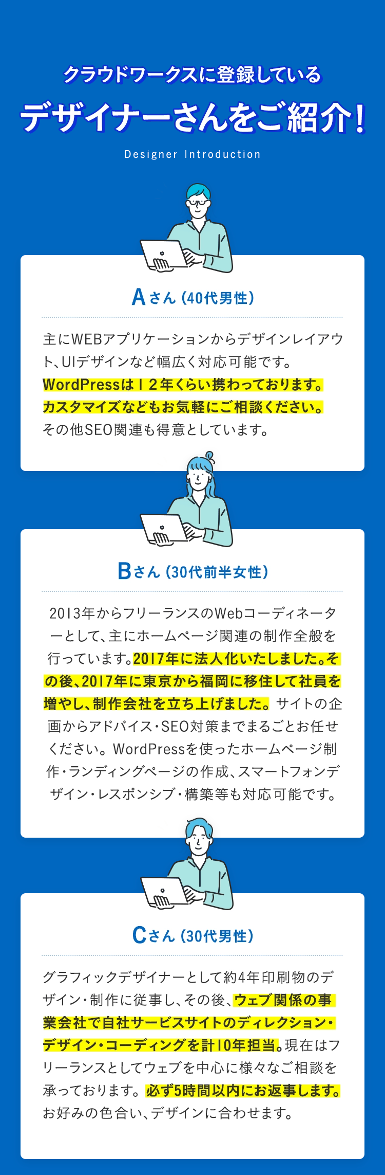 クラウドワークスに登録しているデザイナーさんをご紹介！ Designer Introduction
Aさん (40代男性) 主にWEBアプリケーションからデザインレイアウト、UIデザインなど幅広く対応可能です。WordPressは12年くらい携わっております。カスタマイズなどもお気軽にご相談ください。その他SEO関連も得意としています。
Bさん(30代前半女性) 2013年からフリーランスのWebコーディネーターとして、主にホームページ関連の制作全般を行っています。2017年に法人化いたしました。その後、2017年に東京から福岡に移住して社員を増やし、制作会社を立ち上げました。サイトの企画からアドバイス・SEO対策までまるごとお任せください。WordPressを使ったホームページ制作・ランディングページの作成、スマートフォンデザイン・レスポンシブ・構築等も対応可能です。
Cさん (30代男性) グラフィックデザイナーとして約4年印刷物のデザイン・制作に従事し、その後、ウェブ関係の事業会社で自社サービスサイトのディレクション・デザイン・コーディングを計10年担当。現在はフリーランスとしてウェブを中心に様々なご相談を承っております。必ず5時間以内にお返事します。お好みの色合い、デザインに合わせます。